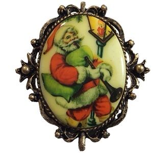 Santa BroochChristmas Holiday Jewelry Metal Frame Porcelain Ceramic Bagpipes